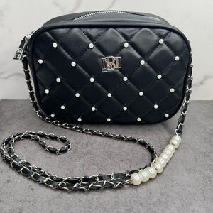 Badgley Mischka Black Vegan Leather Quilted Crossbody Pearl Chain